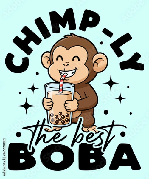 Obraz Chimp-ly the Best Boba – cute cartoon monkey drinking bubble tea vector illustration with fun typography and sparkles, perfect for kawaii lovers, t-shirt designs, stickers, and playful merchandise
