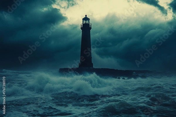 Fototapeta An abandoned lighthouse standing tall against furious storm, waves crashing below