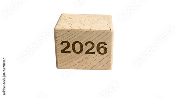 Fototapeta Single wooden block displaying the year 2026 isolated on transparent background