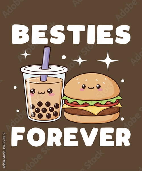 Obraz Better Together – cute kawaii boba tea and taco illustration with smiling faces, adorable pastel style art perfect for funny friendship designs, food lovers, and kawaii t-shirt graphics