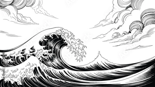 Fototapeta Dramatic Japanese style ink wash art captures a massive ocean wave crashing with dynamic clouds overhead creating a powerful and artistic natural scene