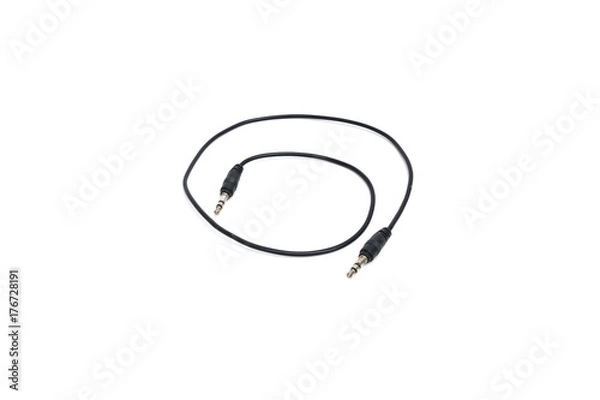 Fototapeta black sound cable with 3.5 mm audio jack on white background