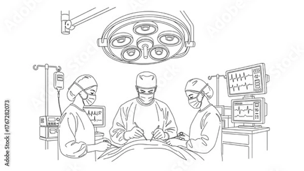 Obraz Operating Room Line Art — Surgeon and Nurses Performing Surgery under Surgical Lights, Minimal Vector Illustration