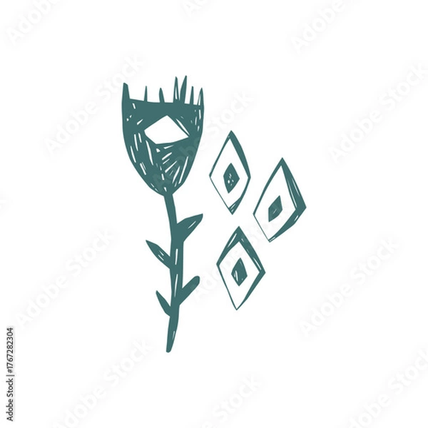 Fototapeta Scandi hand drawn flower with geometric diamond shapes in nordic folk minimal style for modern decor and pattern design