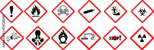 Fototapeta GHS pictograms. Warning Hazard Hazardous Danger Dangerous Icon set. Explosive Flammable Oxidizing Compressed Gas Corrosive Toxic Harmful Corrosive Environmentally Unsafe Vector Symbols.