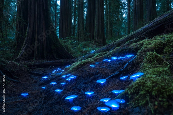 Fototapeta An enchanted redwood grove where bioluminescent mushrooms glow softly against mossy trunks