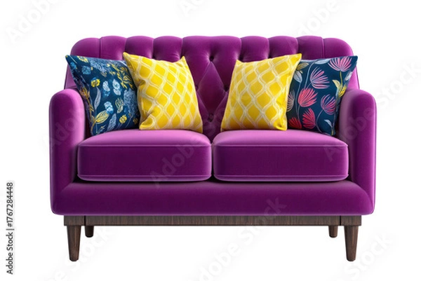 Fototapeta Plush purple tufted sofa featuring four decorative throw pillows with floral and geometric patterns isolated on transparent background. PNG die-cut for advertising
