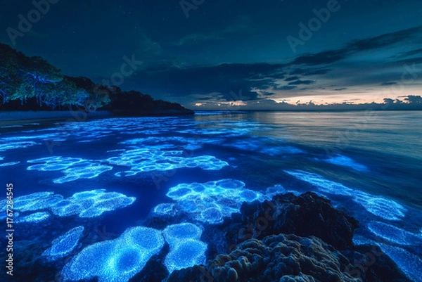 Fototapeta An underwater kingdom where the streets are lit by bioluminescent corals  