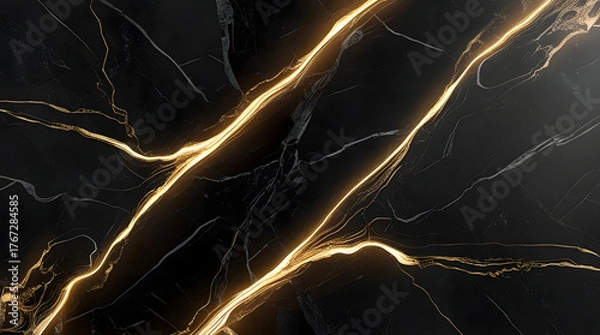 Fototapeta Cinematic Dark Marble Background with Glowing Digital Golden Veins