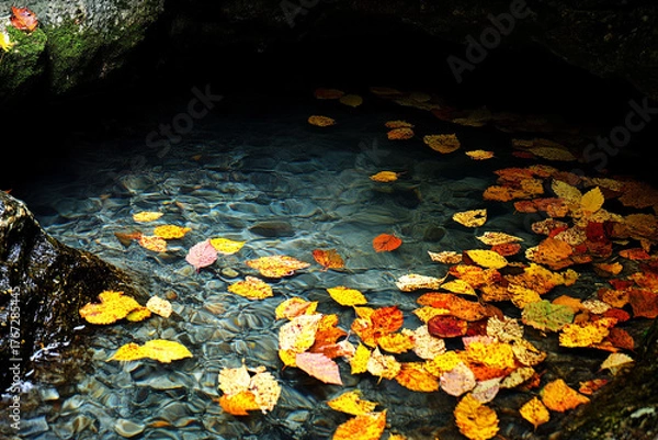 Fototapeta Autumn leaves drifting into an underground river, carried by the current