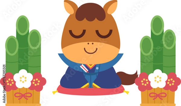 Obraz 和服を着た馬と門松