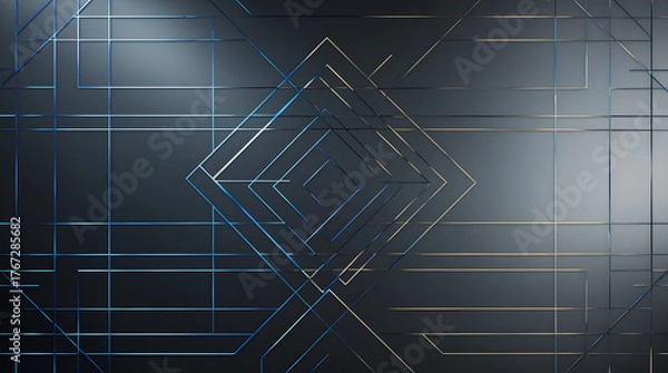 Fototapeta Holographic Blue and Gold Geometric Grid on Dark Futuristic Gradient Background