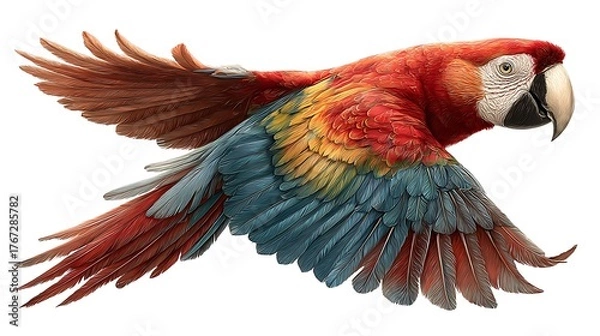 Fototapeta Colorful scarlet macaw parrot in flight isolated on white background
