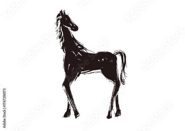 Fototapeta 年賀状 デザイン用　馬の手書き和風筆イラスト　シルエット