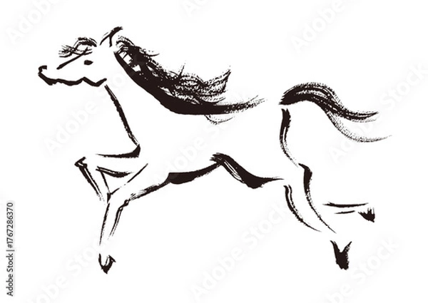 Fototapeta 年賀状 デザイン用　走る馬の手書き和風筆イラスト