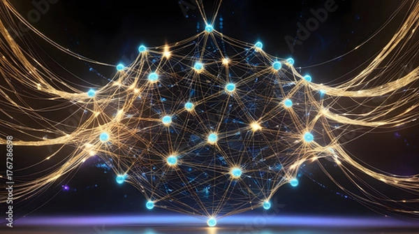 Fototapeta Cinematic Golden Neural Network Web with Glowing Nodes on Black Futuristic Background