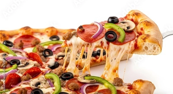 Obraz Deliciously cheesy pepperoni pizza slice being lifted