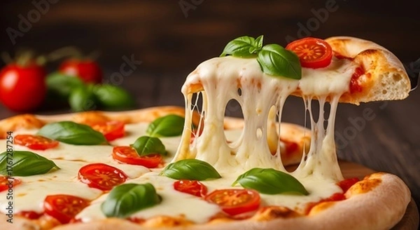 Obraz Deliciously cheesy pizza slice with melting mozzarella and fresh basil