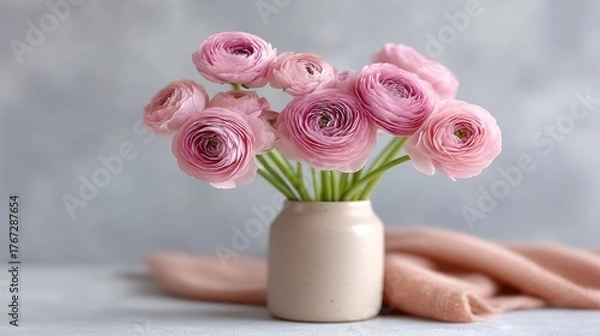 Fototapeta Delicate Pink Ranunculus Flowers in a Beige Ceramic Vase with Soft Peach Fabric Draping Against a Textured Gray Backdrop Captured in Soft Natural Light