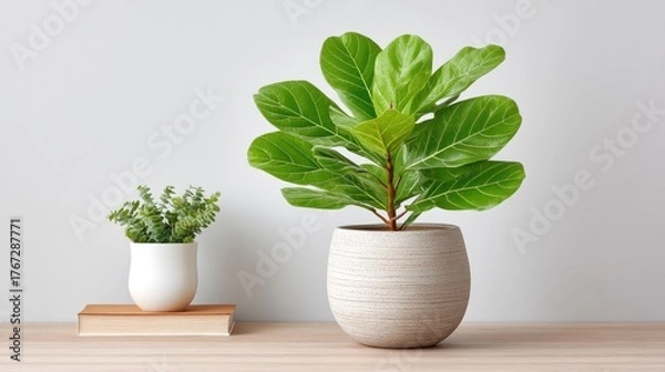 Fototapeta Detailed Close Up Of A Fiddle Leaf Fig Plant In A Textured White Pot With A Small Green Plant In A White Pot On A Book And Wooden Surface