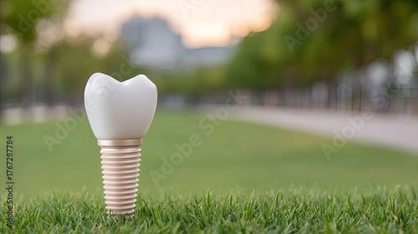 Obraz Detailed Dental Implant Model Standing Tall in Lush Green Grass with Blurred Trees and Soft Sunset Light in the Background Representing Dental Health and Restoration