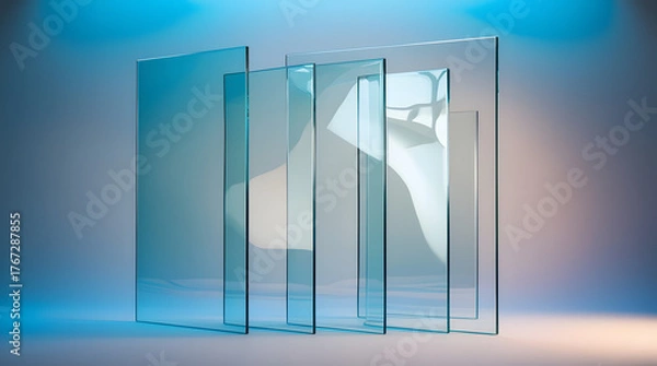 Fototapeta Transparent Overlapping Glass Panels in Soft Blue Light – Abstract 16:9 Background