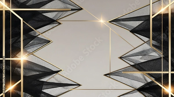 Fototapeta Luxury Black Mesh with Golden Geometric Frames — Futuristic 16:9 Abstract Background