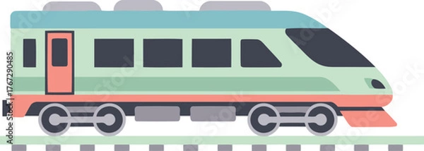 Fototapeta A flat design illustration of a modern passenger train, colored in light green and blue with orange accents, moving along railway tracks.