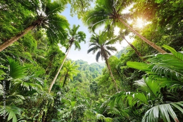 Obraz Lush tropical forest canopy. Sunlight streams through towering palm trees