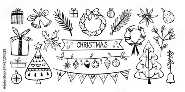 Fototapeta Set of isolated Christmas decoration elements in black outline and white plain for holiday seasonal on transparent background.
