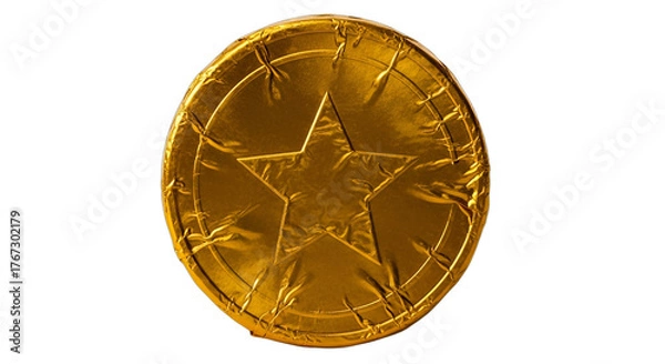 Obraz Golden chocolate coin with an embossed star, isolated on white & transparent background, perfect for holiday promotions like Christmas or Hanukkah gelt, financial success themes, prize rewards,