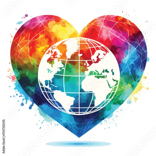 Fototapeta Love for our planet with this vibrant world globe inside a colorful watercolor heart