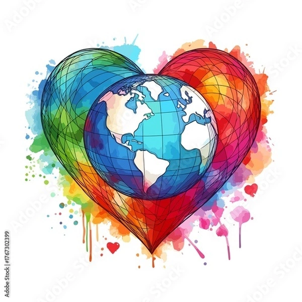 Fototapeta Show your love for the world with this vibrant watercolor globe inside a heart design