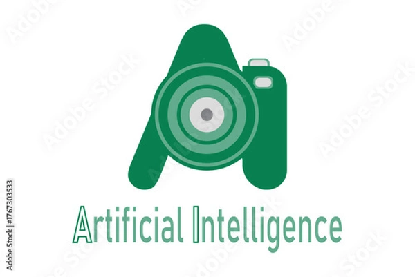 Fototapeta Artificial Intelligence in Photography: A conceptual image embodies the fusion of artificial intelligence and photography, illustrated through a camera lens within an A symbol, signifying innovation.