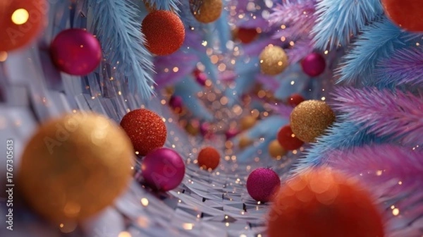 Obraz Colorful christmas ornament tunnel with blue and pink fir branches inside