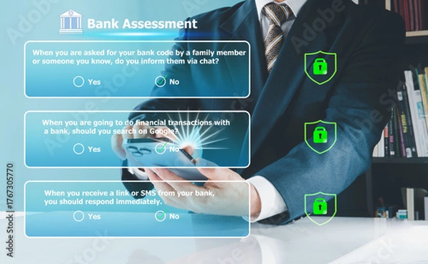 Obraz Bank customers answer financial security questions on virtual digital bank.security  financial. money and fight scammer concept.