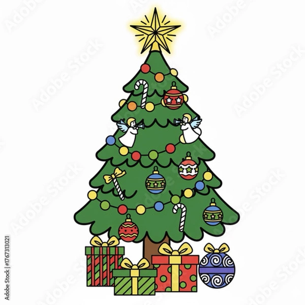 Obraz Vector Christmas tree isolated on a white background. A beautiful, sparkling Christmas tree with decorations - balls, garlands, bulbs, tinsel, and a gold star at the top.