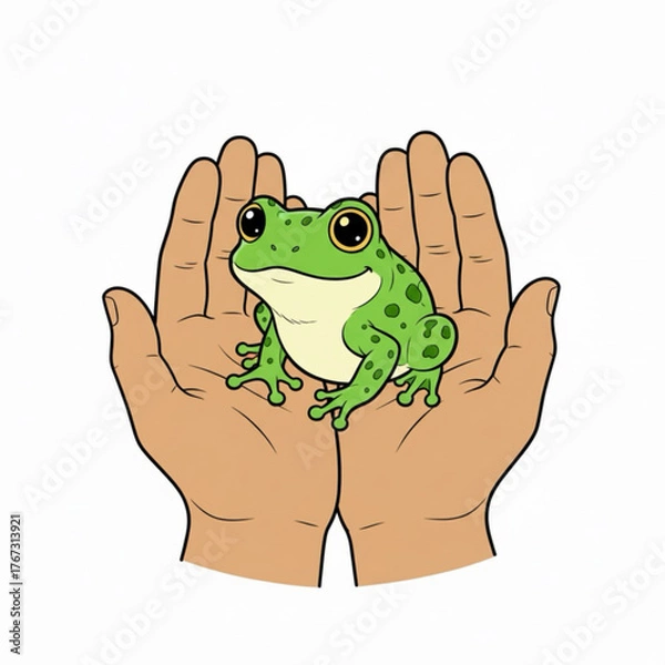 Obraz A frog sitting on both hands. Vector illustration of a cute frog sketch.