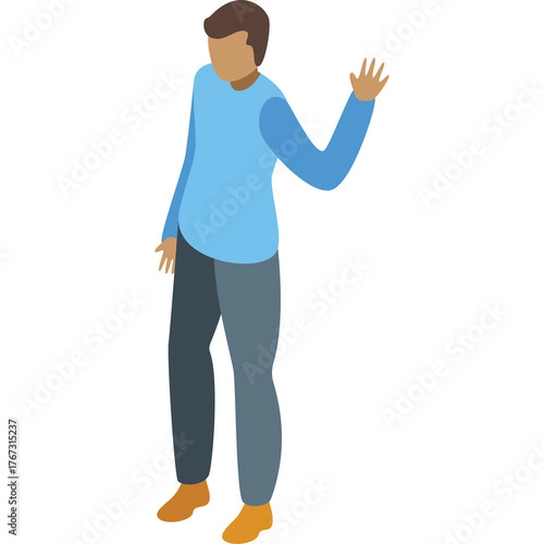 Obraz Isometric person in light blue long sleeve shirt and dark gray pants waving hand with orange shoes on transparent background