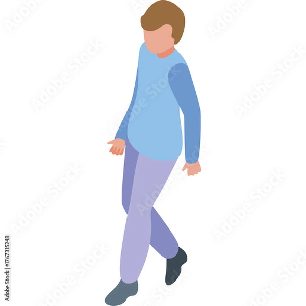 Obraz Isometric person in light blue long sleeve shirt and light purple pants walking with a clean transparent background and a white background backdrop
