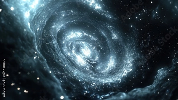 Fototapeta Stunning view of a spiral galaxy in the cosmos, filled with stars and bright light against a dark space backdrop.