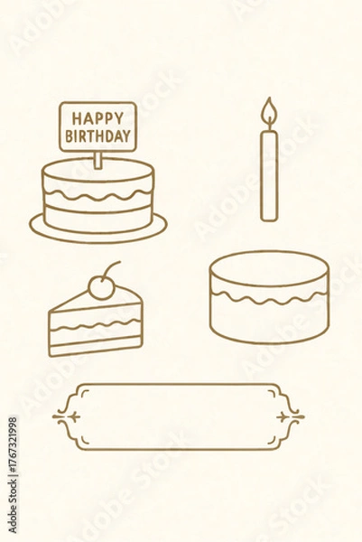 Obraz 線画で描かれたナチュラルなバースデーイラストセット