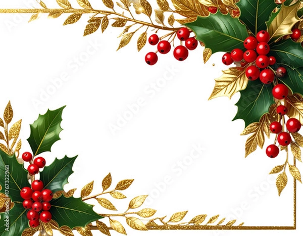 Obraz  Elegant Christmas Border with Red Berries and Gold Leaves, Top Frame Design, Isolated on Transparent Background. 