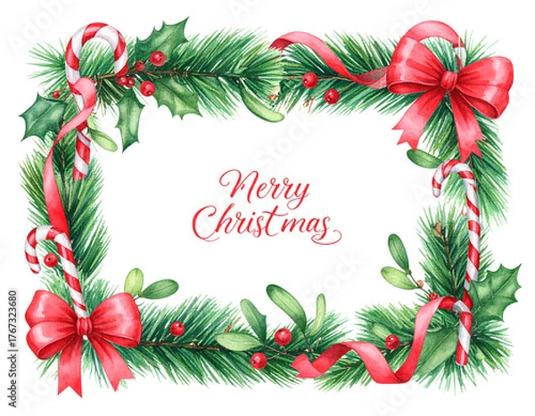Obraz Watercolor Christmas Garland Border with Candy Canes and Ribbons, Hand-Painted Style PNG,And transparent the background.