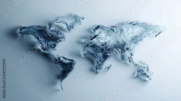Obraz A translucent, fluid representation of the world map, emphasizing water's movement and form, creating a unique artistic effect.
