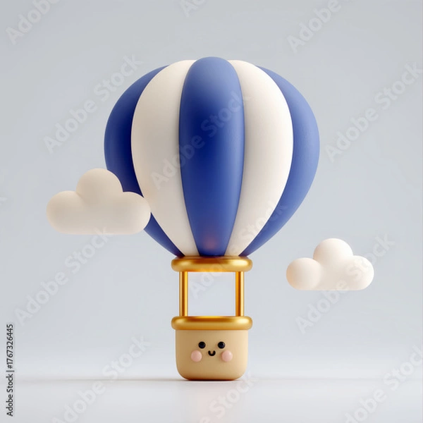 Obraz Cute 3D hot air balloon with clouds and smiling face