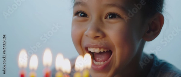 Obraz Excited kids blowing up balloons at a birthday party, creating a playful and fun atmosphere.
