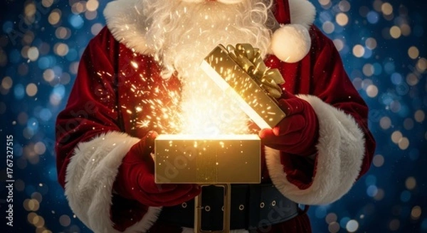 Fototapeta Christmas scene showing Santa Claus in red suit with white fur cuffs holding an open gift box with golden ribbon in both hands