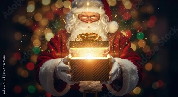 Fototapeta Christmas scene showing Santa Claus in red suit with white fur cuffs holding an open gift box with golden ribbon in both hands