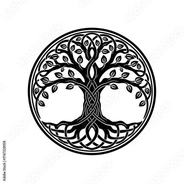 Obraz A striking black and white Celtic Tree of Life symbol, featuring intricate knotwork roots and leafy branches interwoven within a circular medallion